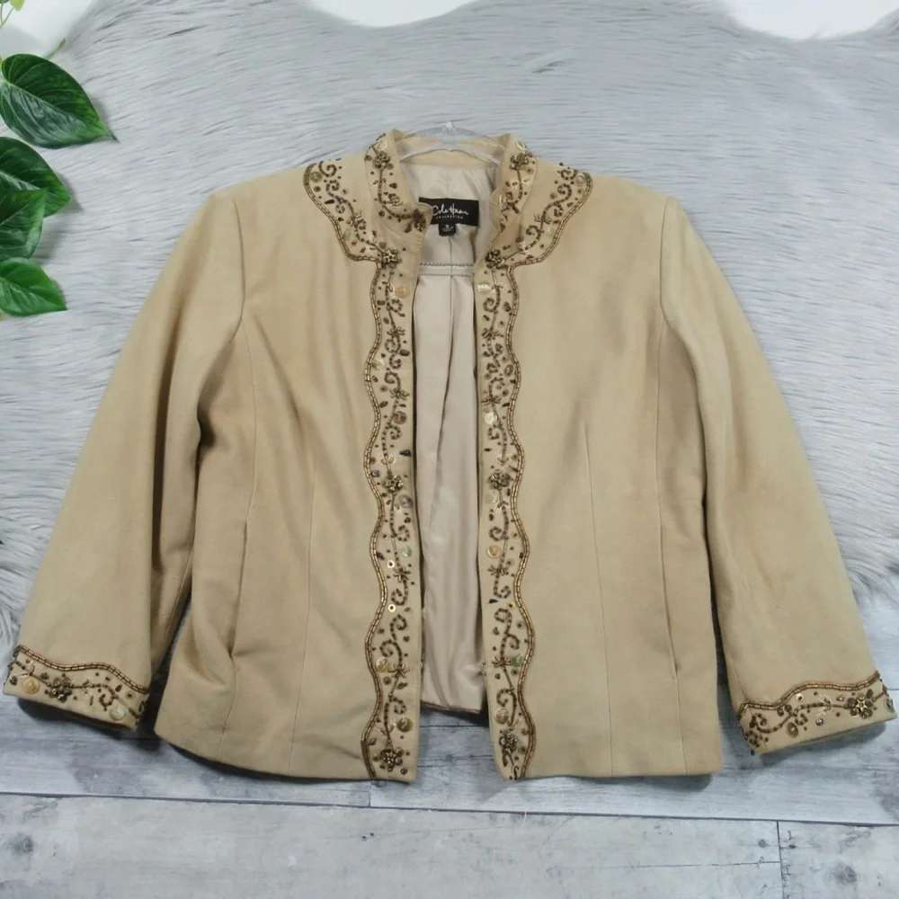 COLE HAAN Tan Suede Beaded Cropped Jacket 3/4 Sleeve Women’s Size Small